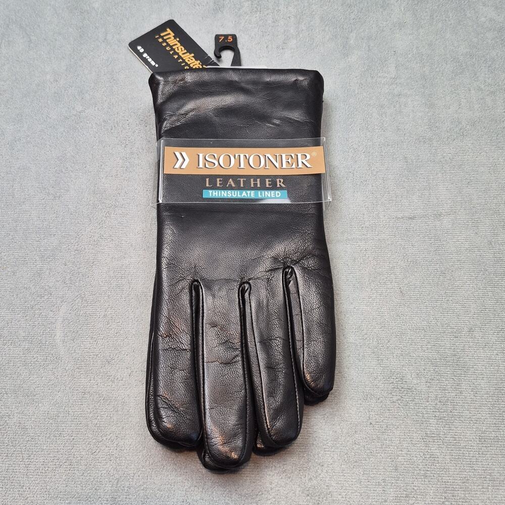 Isotoner Vintage 2005 Women's Leather Gloves Thinsulate Lined Black 7.5 NEW